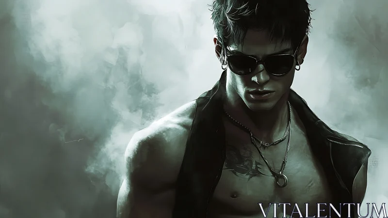 Male figure in sunglasses stands against diffuse smoky backdrop