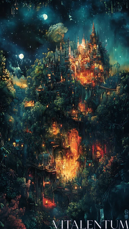 Enchanted Castle Glows in Moonlit Fantasy Realm