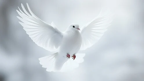 White dove in flight against soft background, ethereal style.