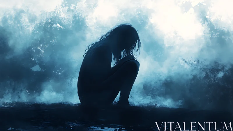 Silhouetted seated figure is framed against turbulent blue mist