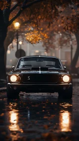 Shelby fastback front view in wet autumn street illumination.