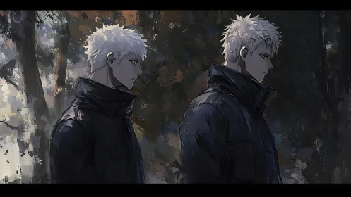 White-haired twin figures in dark coats under muted forest light.