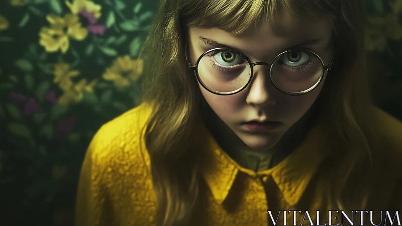 Intense young girl in glasses stares with eerie focus.