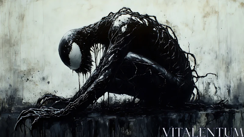 Dark symbiotic creature crouched in dripping black ink.