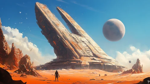 Gigantic tilted alien structure dominates red desert plain