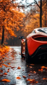 Red supercar glows against wet autumn forest road