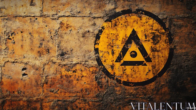 Grungy brick wall displays weathered yellow circular symbol