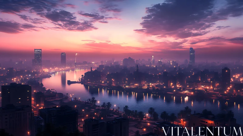 Soft dusk over a riverside city wrapped in glowing lights.