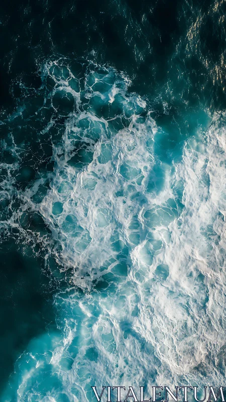 High-altitude vertical capture of turbulent teal ocean surf
