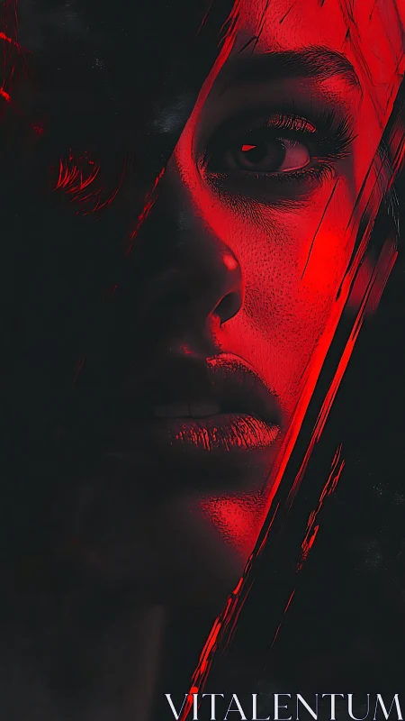 Red spectral portrait under asymmetric chiaroscuro slicing.