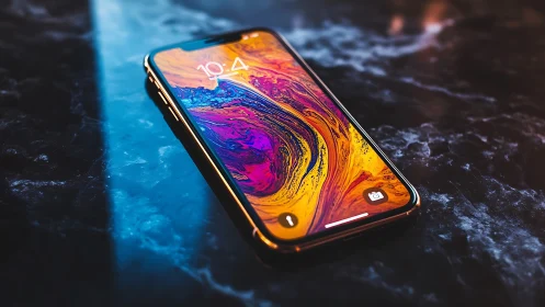 Mobile device displaying abstract liquid swirl wallpaper on dark surface.