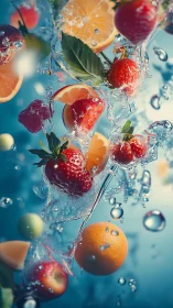 Vibrant citrus and berries in dynamic underwater splash scene.