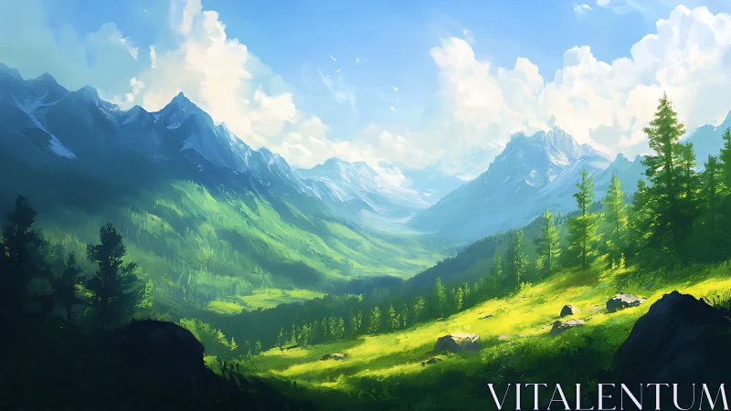 Sunlit alpine valley with pine forest and distant peaks.