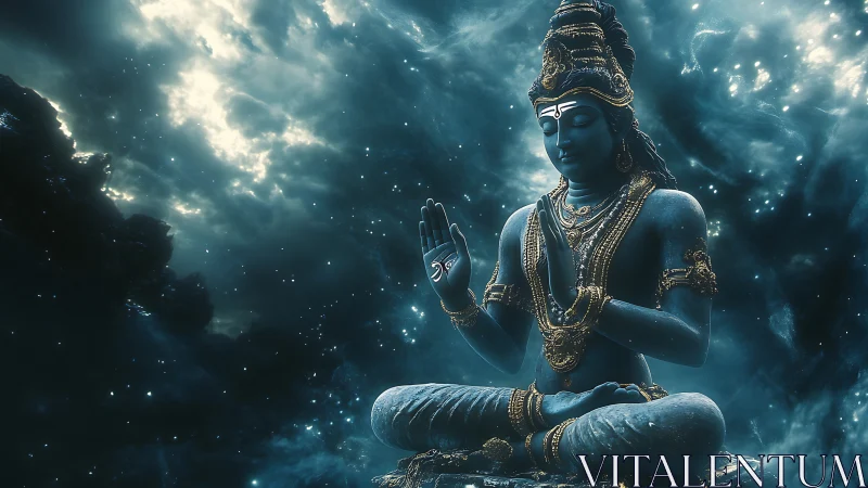Blue meditative deity statue in cosmic swirling space.