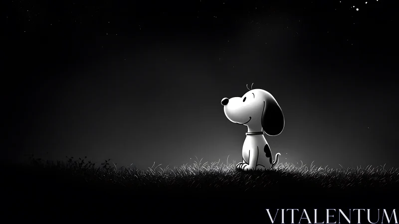 Cartoon dog sits in illuminated grass under a night sky