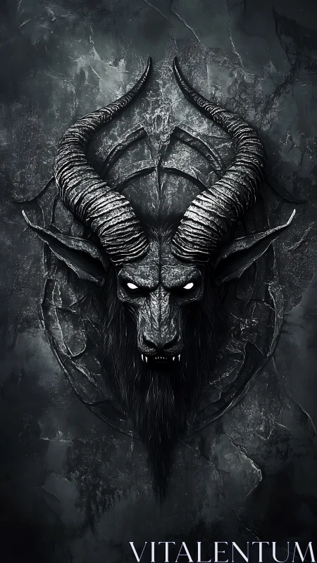 Dark demonic horned head emblem on cracked stone wall.