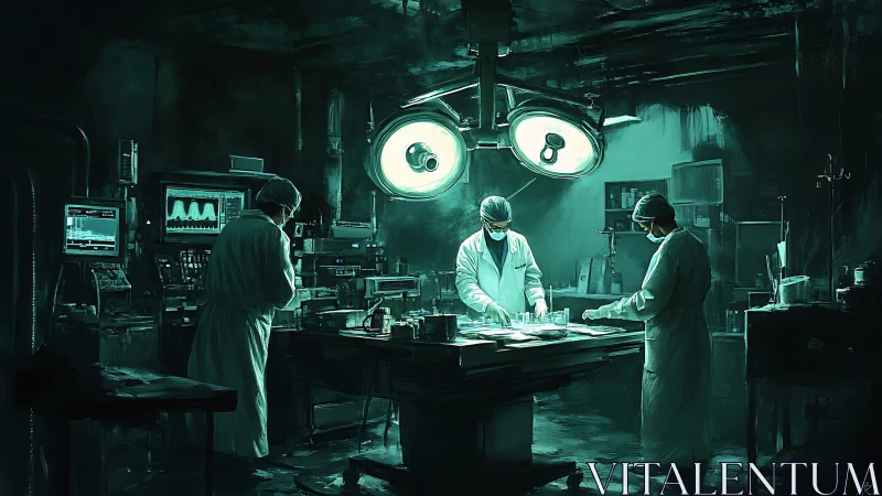 Midnight surgeons gathered under a cool teal glow.