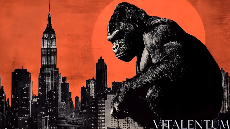 Graphic poster of colossal gorilla over monochrome skyline.