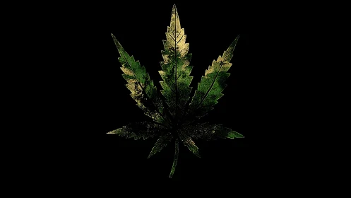 Textured cannabis leaf silhouette rendered on deep black field