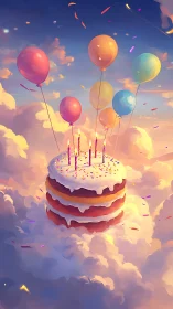 Whimsical Birthday Cake Soaring Through Clouds and Dreams.