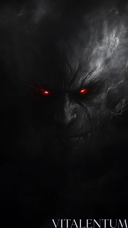 Mysterious shadowed face with glowing ember red eyes.