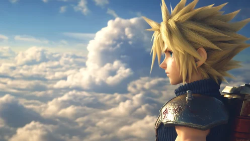 Profile render of spiky-haired warrior over luminous cloudscape