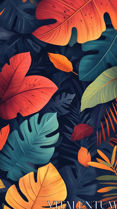 Layered tropical foliage in contrasting saturated colors.