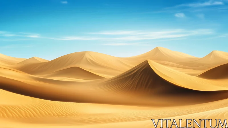 Golden desert dunes roll beneath a clear azure sky.
