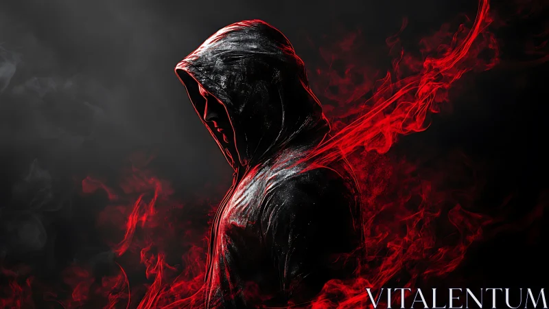 Hooded figure in profile wrapped in red digital smoke.
