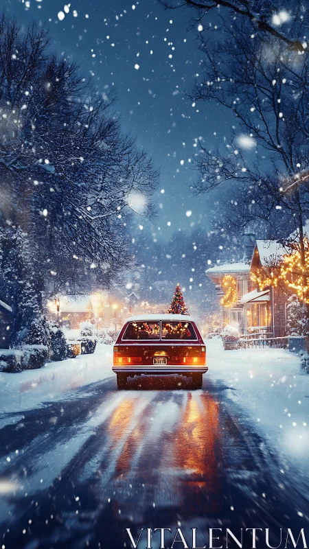 Station wagon on snowy suburban street at night scene.