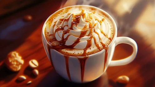 Cozy caramel latte crowned with swirls of dreamy cream.