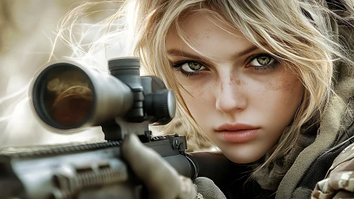 Fierce green eyes behind a weathered woodland scope gaze.