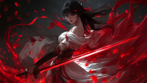 Female swordswoman with red energy and swirling petals.