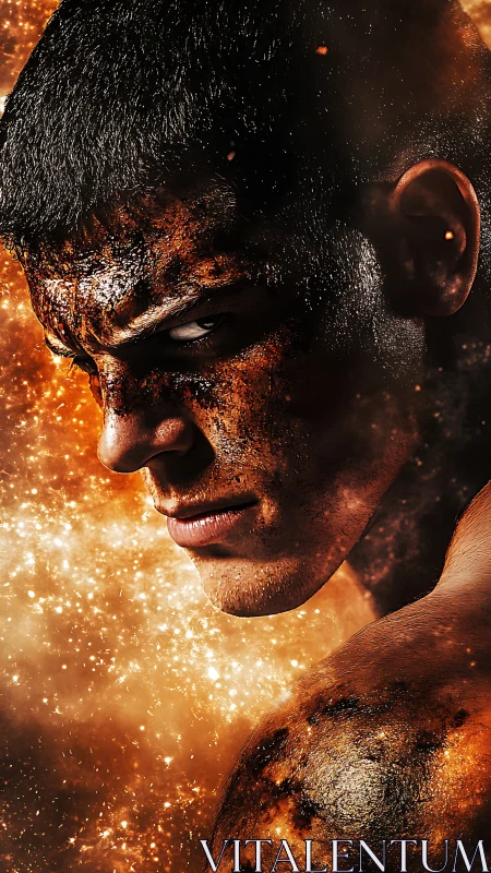 Burning warrior portrait merges human skin with cosmic fire