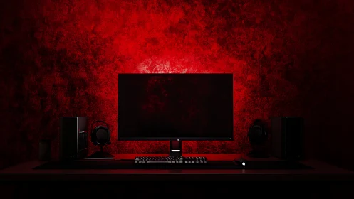 Minimal gaming battlestation glows against deep red wall