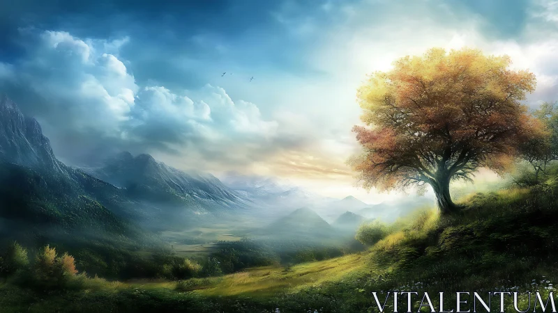 Luminous lone tree over misty valley and distant peaks.