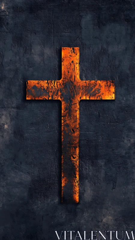 Rust-textured orange cross on dark rough concrete background.