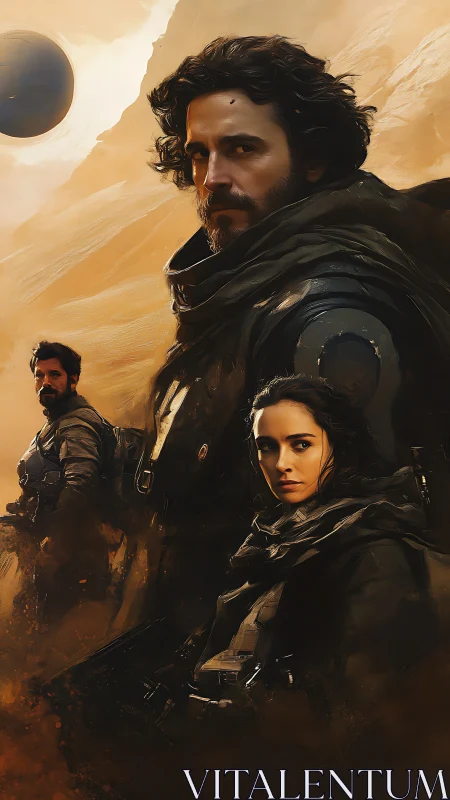 Desert warriors pose beneath distant hovering orb under wind