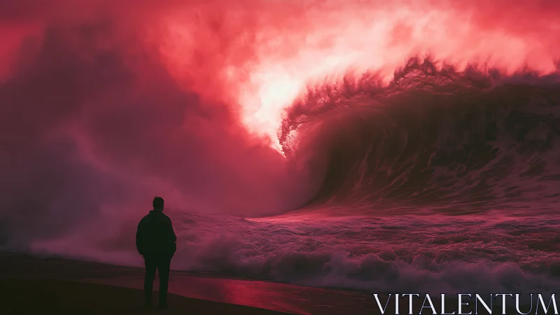 Crimson tidal colossus rears up as a lone watcher waits