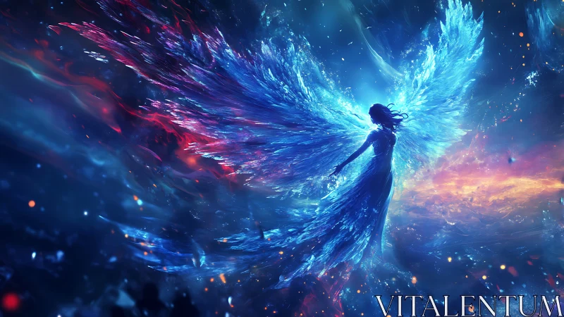 Winged female silhouette expands luminous blue and red energy