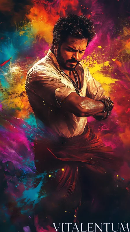 Male figure amid dense multicolor abstract paint clouds.