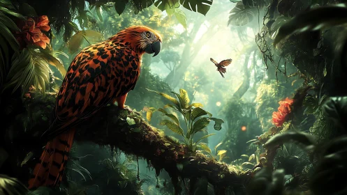 Radiant jungle parrot rests calmly on a mossy forest branch