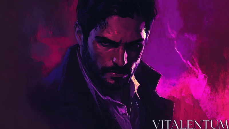 Digital painting portrait with neon chiaroscuro and noir tension.