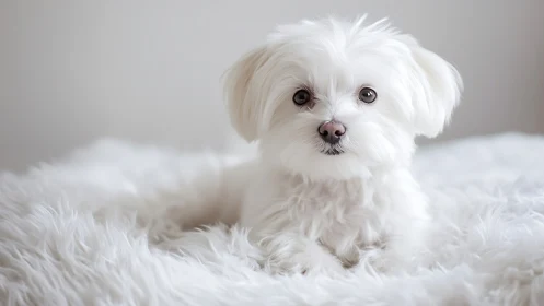 Fluffy white puppy rests calmly on soft faux fur bedding.