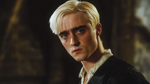 Male subject with platinum blond hair is shown in soft focus