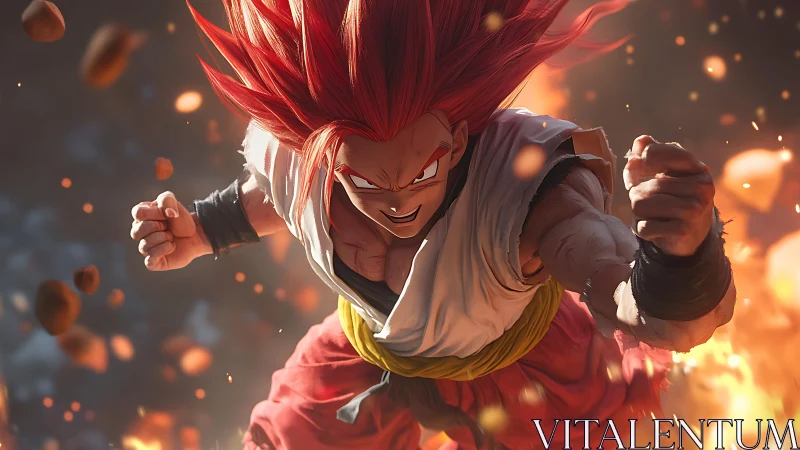 Fiery anime warrior charges forward through exploding debris