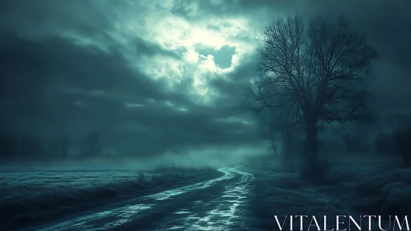 Moonlit misty country road winds through quiet winter fields