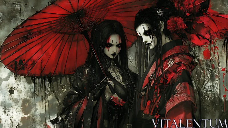 Dark geisha duo under red umbrellas in muted rain scene.