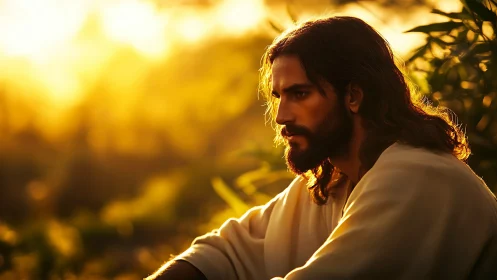 Contemplative robed man in glowing golden sunset garden.