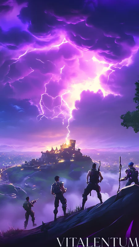 Four armed characters watch purple lightning strike fortress